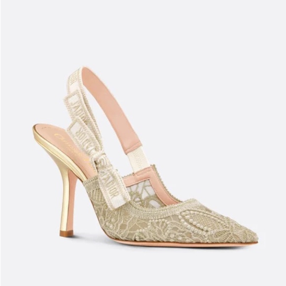 J'Adior Slingback Gold Mesh& Embroidered Macramé-Effect D-Lace Butterfly Motif